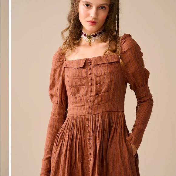 LINENNAIVE Nicola 33 Regency striped dress amber brown size large NWT - Picture 10 of 16